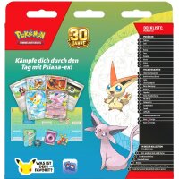 R&uuml;ckseite des Pok&eacute;mon 30 Jahre Kampfdecks Psiana-ex mit Deckliste und enthaltenem Zubeh&ouml;r