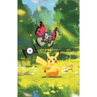 Illustration mit Pikachu, Vivillon und Icognito auf einer sonnigen Blumenwiese