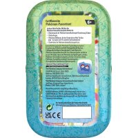 R&uuml;ckseite einer gr&uuml;nen Pok&eacute;mon 30 Jahre Mini-Tin mit Inhaltshinweisen und Altersangabe