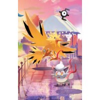 Illustration mit Zapdos, Hisui-Zorua und Icognito in einer festlich beleuchteten Stadt