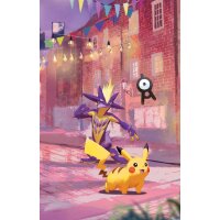 Illustration mit Pikachu, Riffex und Icognito auf einer festlich geschm&uuml;ckten Stra&szlig;e