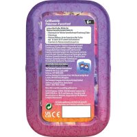 R&uuml;ckseite einer violetten Pok&eacute;mon 30 Jahre Mini-Tin mit Inhaltshinweisen und Altersangabe
