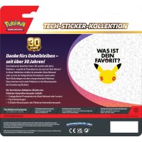 R&uuml;ckseite der Pok&eacute;mon 30 Jahre Tech-Sticker-Kollektion mit Lucario und Inhaltsangaben