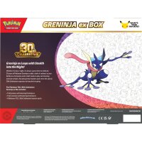 R&uuml;ckseite der Pok&eacute;mon 30th Celebration Greninja ex Box mit englischer Produktbeschreibung