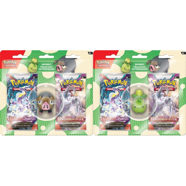Pokémon Radiergummi Blister Deutsch mit Olini und Ferkuli sowie je 2 Boosterpacks