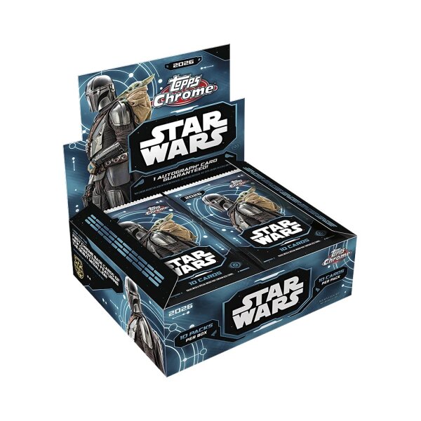 Topps Star Wars Chrome 2026 Hobby Box geöffnet mit Boosterpacks und The Mandalorian auf der Verpackung