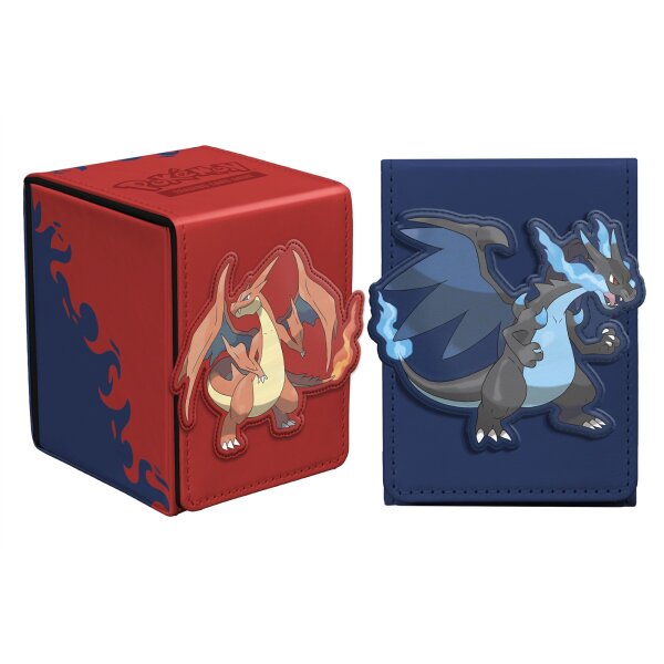 Mega Charizard X Alcove Flip Deck Box für Pokémon in Blau mit großem Mega-Glurak-X-Motiv auf der Front