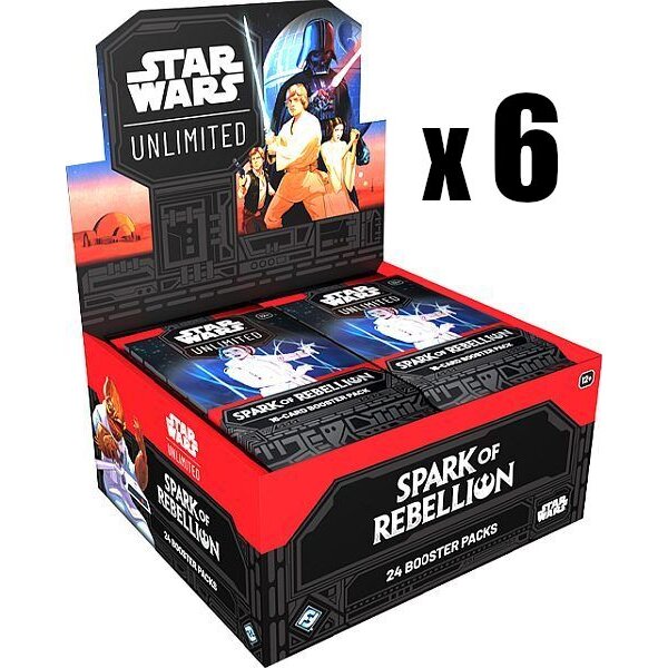 Star Wars Unlimited Display mit 6 Boxen Spark of Rebellion, jede Box enthält 24 Boosterpacks, auf dem Cover sind Luke Skywalker und Darth Vader abgebildet.