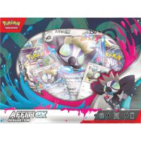 Vorderansicht der Pok&eacute;mon Affiti-ex Kollektion mit Promokarten, Oversize-Karte und vier Boosterpacks