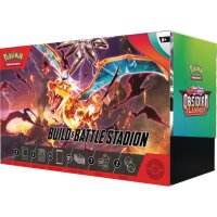 Schr&auml;ge R&uuml;ckansicht des Build &amp; Battle Stadions &bdquo;Obsidianflammen&ldquo; mit Glurak-Artwork und Setlogo an der Seite.