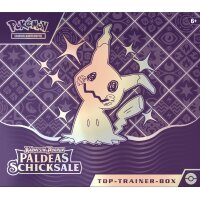 Detailansicht der Mimikyu-Illustration auf der Vorderseite der &bdquo;Paldeas Schicksale&ldquo; Top-Trainer-Box mit schimmernden Symbolen.