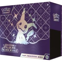 Seitliche Perspektive der Top-Trainer-Box &bdquo;Paldeas Schicksale&ldquo; mit Mimikyu-Artwork und violettem Muster.