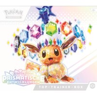 Frontalansicht der Pok&eacute;mon Top-Trainer-Box mit Evoli und glitzerndem Logo der Prismatischen Entwicklungen