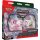 Schrägansicht der Verpackung des Pokémon Liga-Kampfdecks Gardevoir-ex mit Karten von Gardevoir-ex, Mew-ex und Lumineon-V sichtbar hinter einem Sichtfenster.
