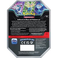 R&uuml;ckseite der Pok&eacute;mon Tin-Box &bdquo;Azur-Legenden&ldquo; mit Kyogre, Xerneas und Dialga sowie detaillierter Produktbeschreibung